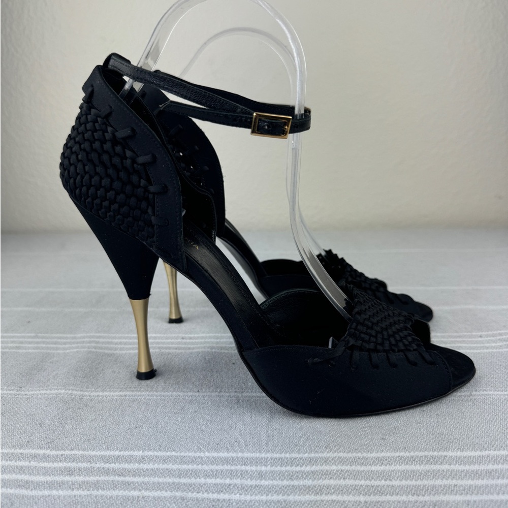 Bcbg maxazria Black With Golden Color  at The Edge , Stilleto Open Toe Size 10